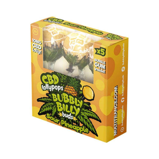 Boîte de sucettes CBD BUBBLY BILLY, 5 pièces, ananas acidulé, motif ananas