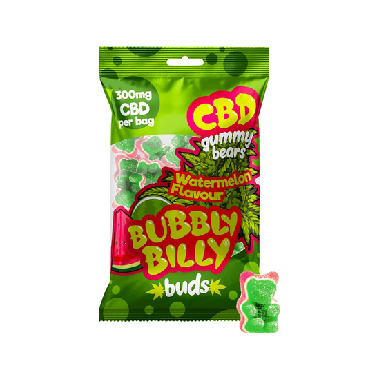 Sachet de bonbons CBD BUBBLY BILLY saveur pastèque, étiquette verte et rose