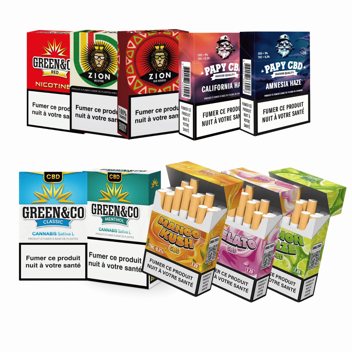 Paquet découverte de cigarettes CBD Premium : plusieurs boîtes et cigarettes, pack illustré
