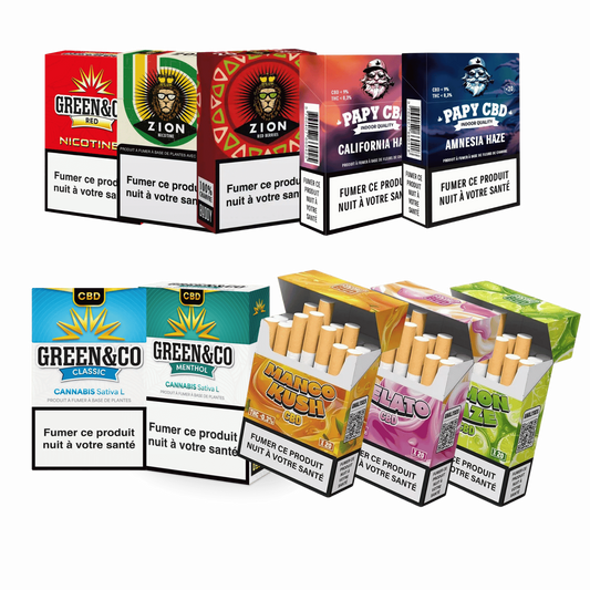 Paquet découverte de cigarettes CBD Premium : plusieurs boîtes et cigarettes, pack illustré