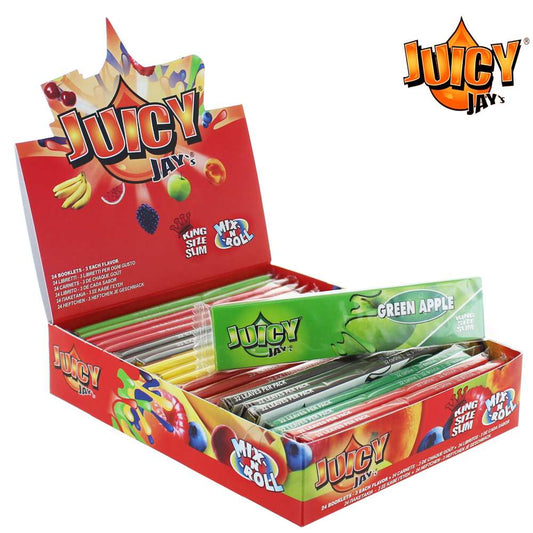 Boîte JUICY JAY'S ouverte avec feuilles slim parfumées «Green Apple» et autres saveurs