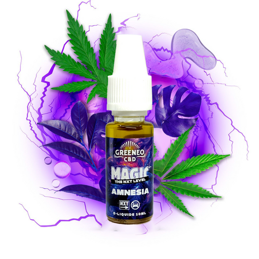 E-liquide CBD GREENEO Magic Amnesia NXT Violet, flacon verre, bouchon blanc, étiquette violette