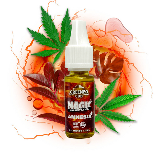 E-liquide CBD Greeneo Magic Amnesia NXT+ Rouge 10 ml, flacon avec bouchon