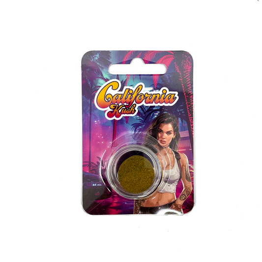 Résine CBD Hash California Kush en pot blister, couleur vert foncé