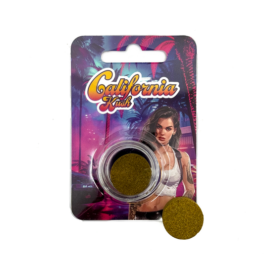 Résine CBD Hash California Kush en blister avec disque vert foncé à côté