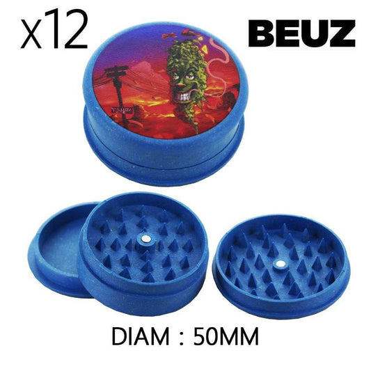 Grinder en chanvre biodégradable bleu BEUZ, ouvert, motifs, diamètre 50 mm