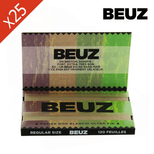Boîte BEUZ de feuilles à rouler Regular, vert et brun, coffret ouvert
