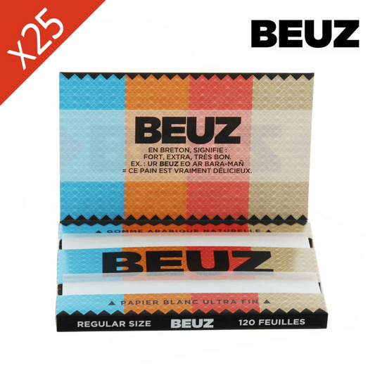 Boîte BEUZ ouverte, carnets de feuilles à rouler blanc ultra fin, Regular, 120 feuilles.