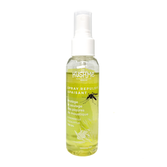 Vaporisateur anti-moustiques CBD Hush'Me en flacon transparent au liquide vert.