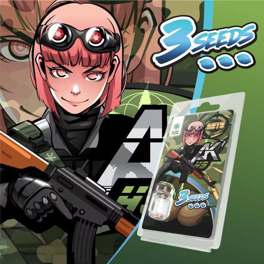 Boîtier blister de 3 graines AK49 AUTO Plant of Life avec illustration personnage et fusil.
