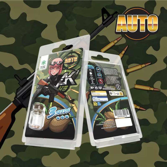 Lot de 3 graines AK49 AUTO Plant of Life, boîtiers blister doubles avec visuel illustré.