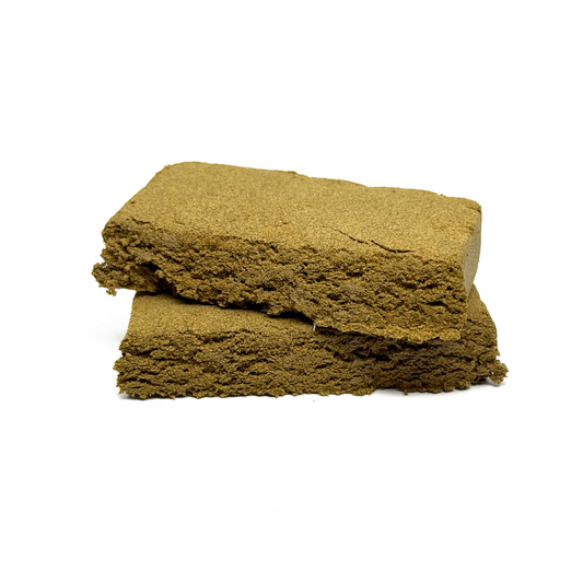 Résine CBD en plaquette brun-vert, texture mousseuse friable (25 g)