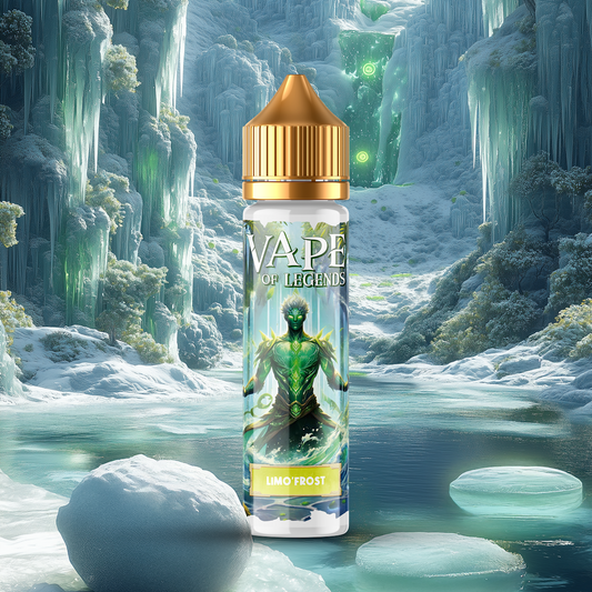 Flacon d’e-liquide Vape of Legends, bouchon doré, étiquette Limo Frost