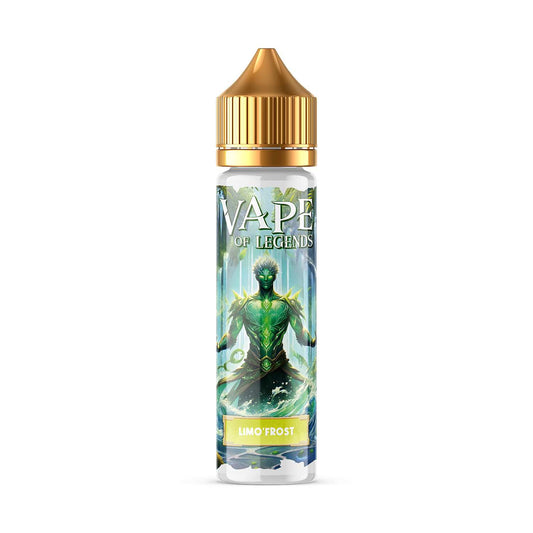 Flacon d’e-liquide Limo Frost Premium, bouchon doré et étiquette Vape of Legends