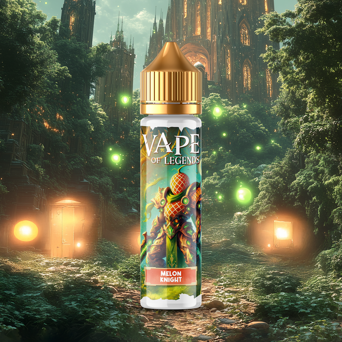 Flacon d’e-liquide au bouchon doré, étiquette « Melon Knight »