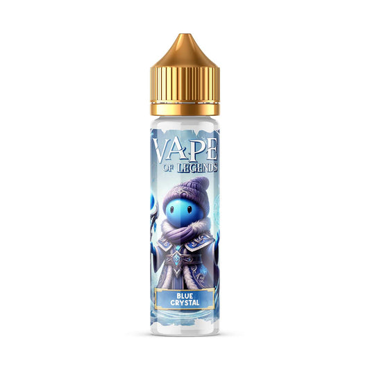 Flacon d’e-liquide, bouchon doré, étiquette bleue « BLUE CRYSTAL ».