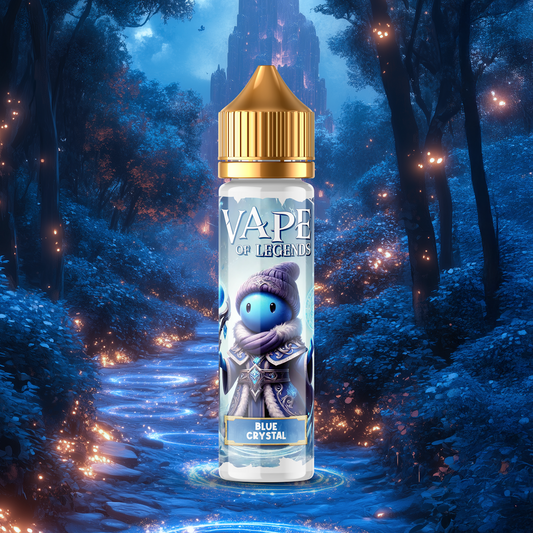 Flacon d’e-liquide translucide, bouchon doré, étiquette bleue « BLUE CRYSTAL ».