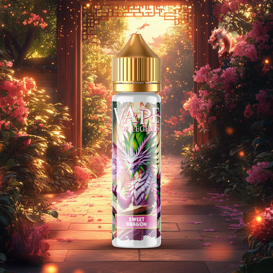 Flacon d’e-liquide 50 ml avec bouchon doré et illustration de dragon colorée