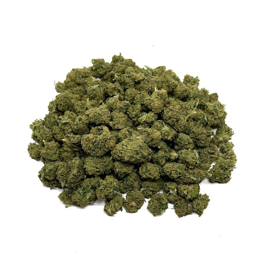 Petites fleurs de CBD séchées, vert olive, bourgeons denses en vrac