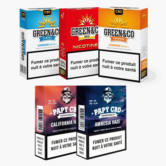 Pack découverte de cigarettes CBD : boîtes variées, couleurs bleu, rouge et orange.