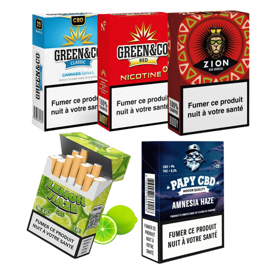 Coffret découverte de cigarettes CBD : boîtes Green&Co, Lemon Haze et Amnesia Haze