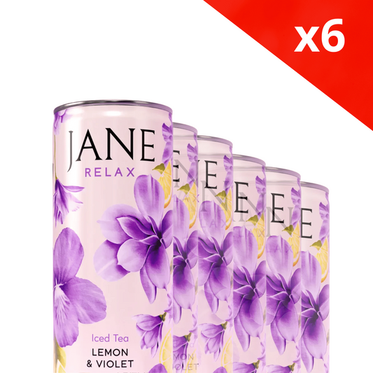 Pack de 6 thés CBD citron-violette bio en canettes, vue de face groupée.