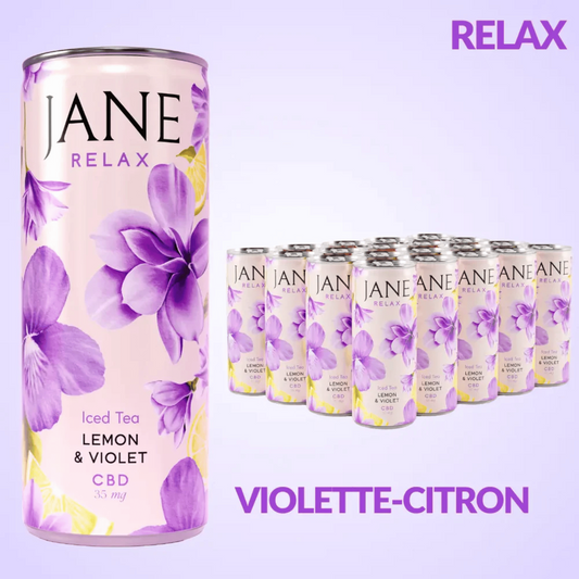 Pack de 6 thés CBD bio citron-violette en canettes, étiquette fleur de violette.