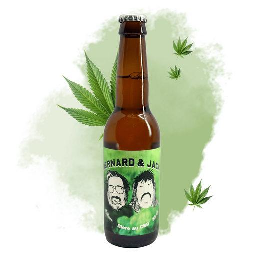 Bouteille de bière CBD brune 33 cl, avec feuilles de cannabis et étiquette BERNARD & JACK