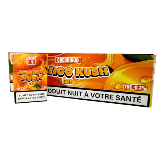 Boîte de cigarettes CBD Mango Kush CocoriBud, emballage orange avec avertissement