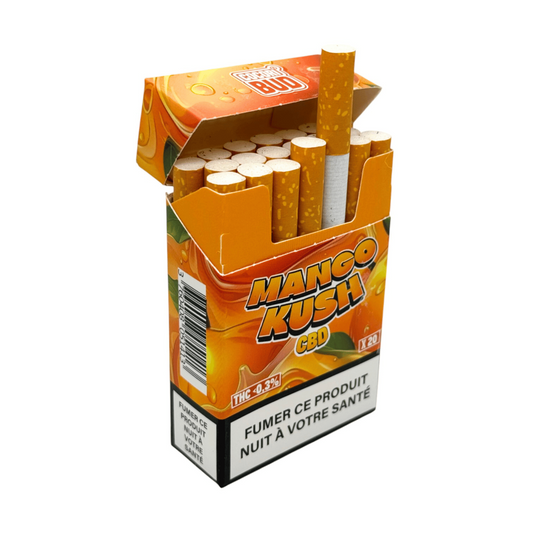 Paquet de cigarettes CBD Mango Kush CocoriBud, cigarettes dorées à filtre blanc