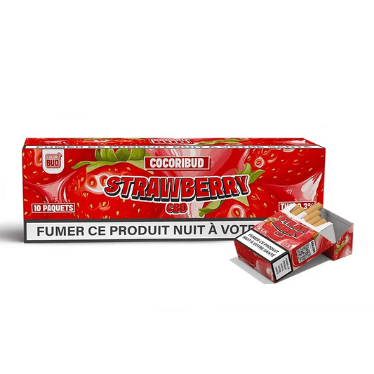 Boîte de cigarettes CBD Strawberry CocoriBud, avec paquet emballé visible