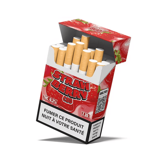 Boîte CocoriBud CBD Strawberry ouverte, cigarettes en rouleaux visibles