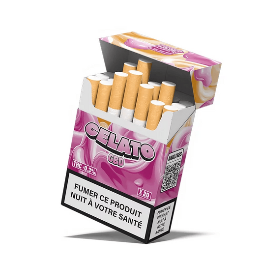 Boîte ouverte de cigarettes CBD Gelato CocoriBud, cigarettes brunes visibles dans le présentoir.
