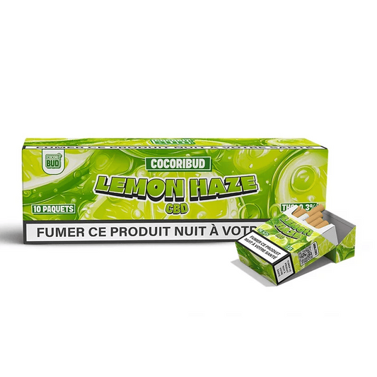 Boîte de cigarettes CBD Lemon Haze CocoriBud, emballage vert et blanc