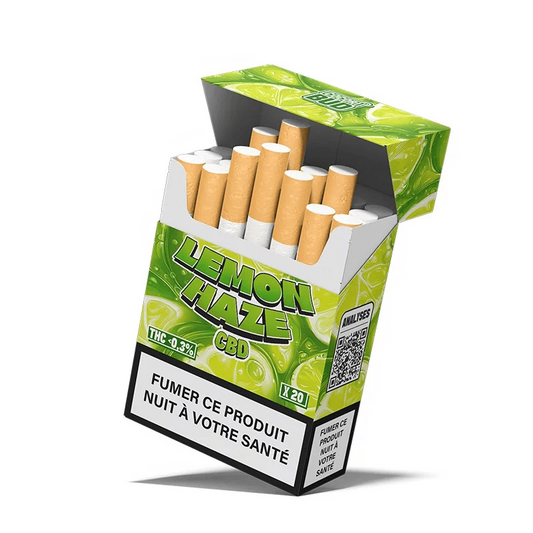 Boîte de cigarettes CBD Lemon Haze avec cigarettes en tube, aspect ouvert