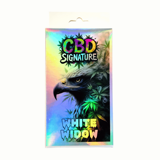Fleur de CBD White Widow 2 g, sachet CBD Signature au rapace et feuilles de cannabis