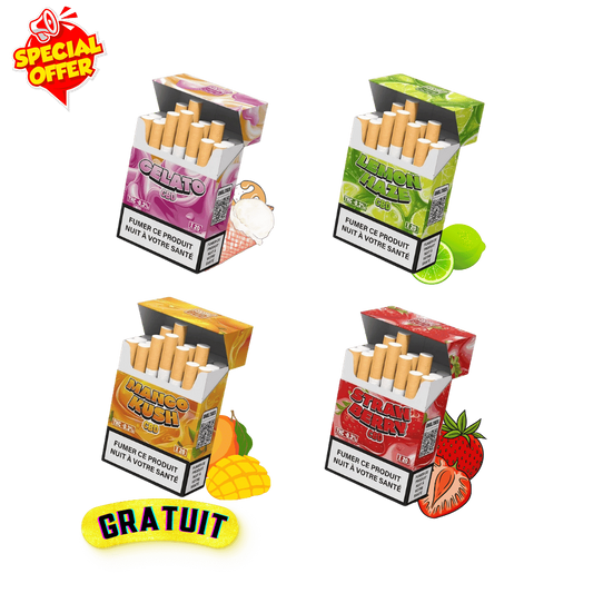 Pack de 4 cigarettes CBD avec filtres, quatre variétés en boîtiers.