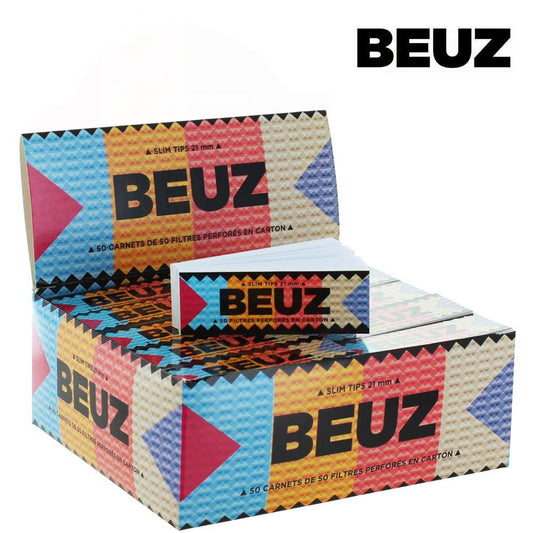 Boîte BEUZ de 50 carnets de filtres Slim Tips, carton blanc, vue ouverte.