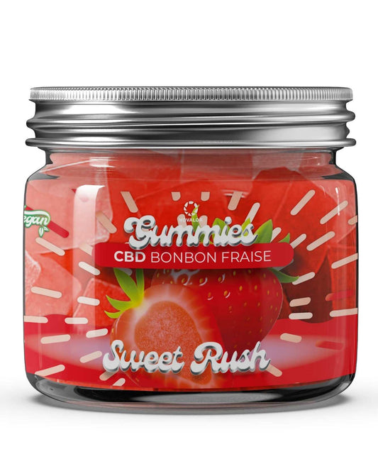 Pot de gummies CBD à la fraise Sweet Rush, couvercle argent