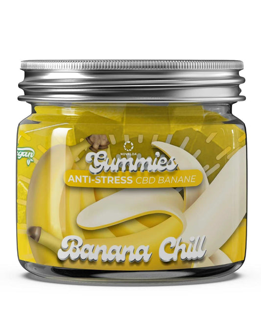 Bocal de Gummies CBD banane Banana Chill, couvercle argent, étiquette jaune