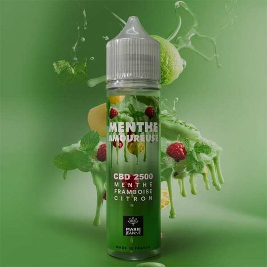 Flacon e-liquide CBD vert Menthe Amoureuse 50 ml, capuchon argent, CBD 2500