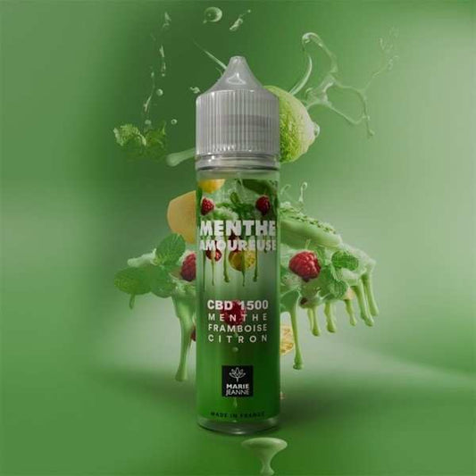 Flacon e-liquide CBD vert Menthe Amoureuse 50 ml, capuchon argent, CBD 1500