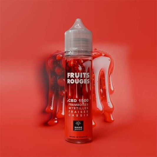 Flacon d’e-liquide CBD Fruits Rouges Marie Jeanne 50 ml, liquide rouge, CBD 1500.