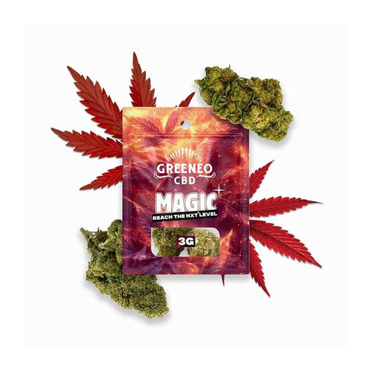 Emballage GREENEO CBD Magic rouge NXT+ 3G avec fleur de CBD et feuilles
