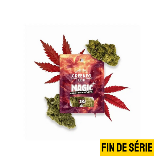 Emballage GREENEO CBD Magic rouge NXT+ 3G avec FIN DE SÉRIE et feuilles