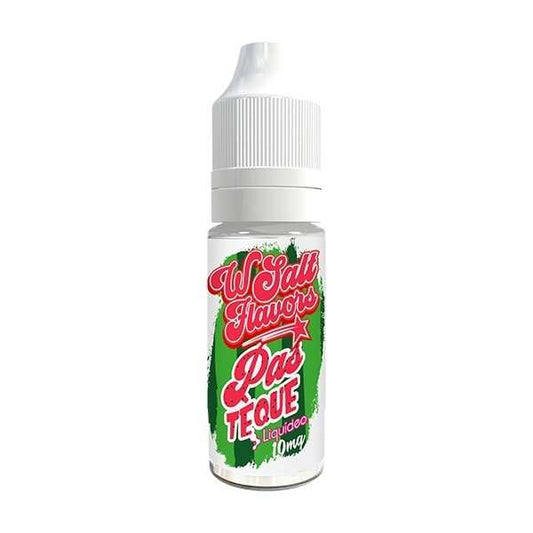 Flacon d’e-liquide Wsalt pastèque 10 ml, capuchon blanc, étiquette verte rouge.
