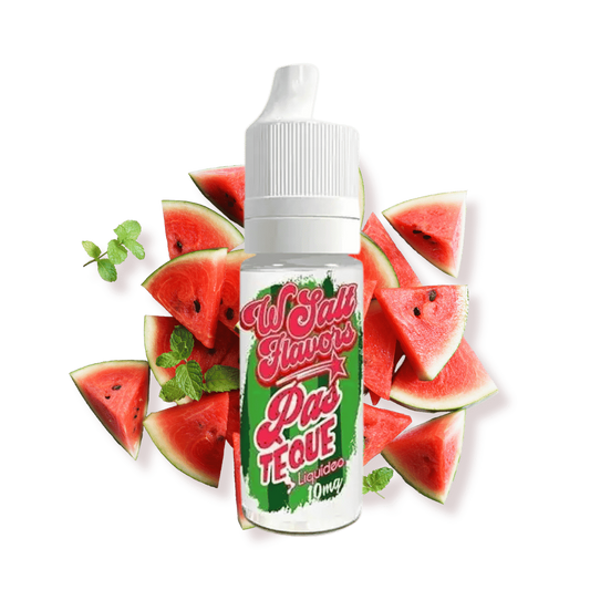 Flacon d’e-liquide Wsalt pastèque 10 ml avec tranches de pastèque, capuchon blanc.