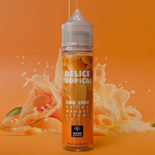 Flacon d’e-liquide CBD Delice Tropical 50 ml, capuchon compte-gouttes, CBD 2500, Marie Jeanne
