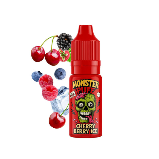 Flacon d’e-liquide Monster Puff 10 ml Cherry Berry Ice rouge, cerises et baies illustrées