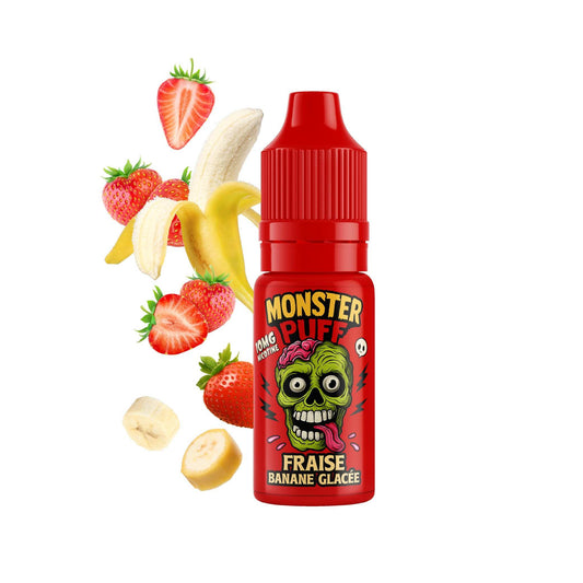 Flacon d’e-liquide Monster Puff avec fraise et banane en décor, « Fraise Banane glacée »